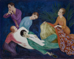 A young man lies surrounded by mourning friends