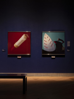 Photograph of the two artworks hung on a dark blue wall
