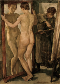 painting of nude model and artist in front of a mirror