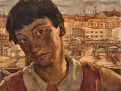 painting of woman with buildings in background