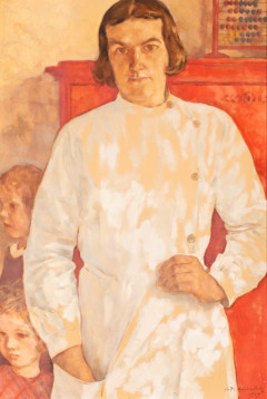 painting of woman and two children in background