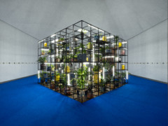 An iron grid filled with plants, lights and pottery