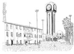 drawing of buildings and tower and people