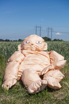 photo of textile figure lying in field