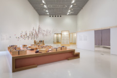 A white room with art installations