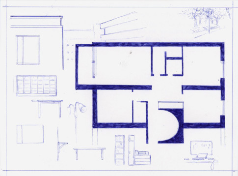 Digital print-outs of drawings, texts and contracts mounted on a table