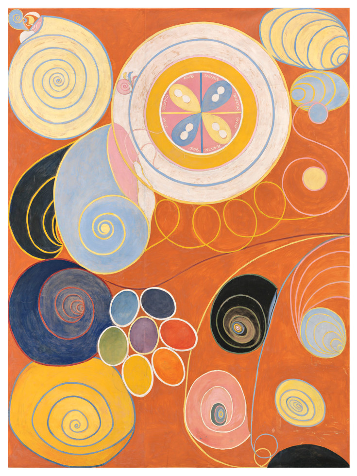 Abstract painting by Hilma af Klint with a bright orange background behind large circluar, swirling, shapes and lines in pastel colours and black.