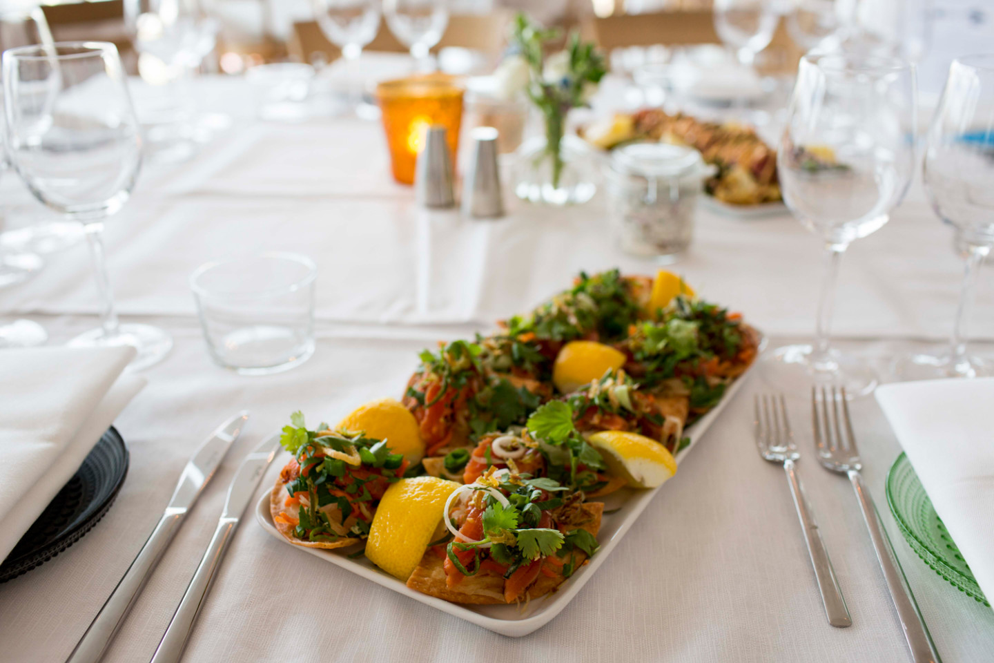 Food on a set table.