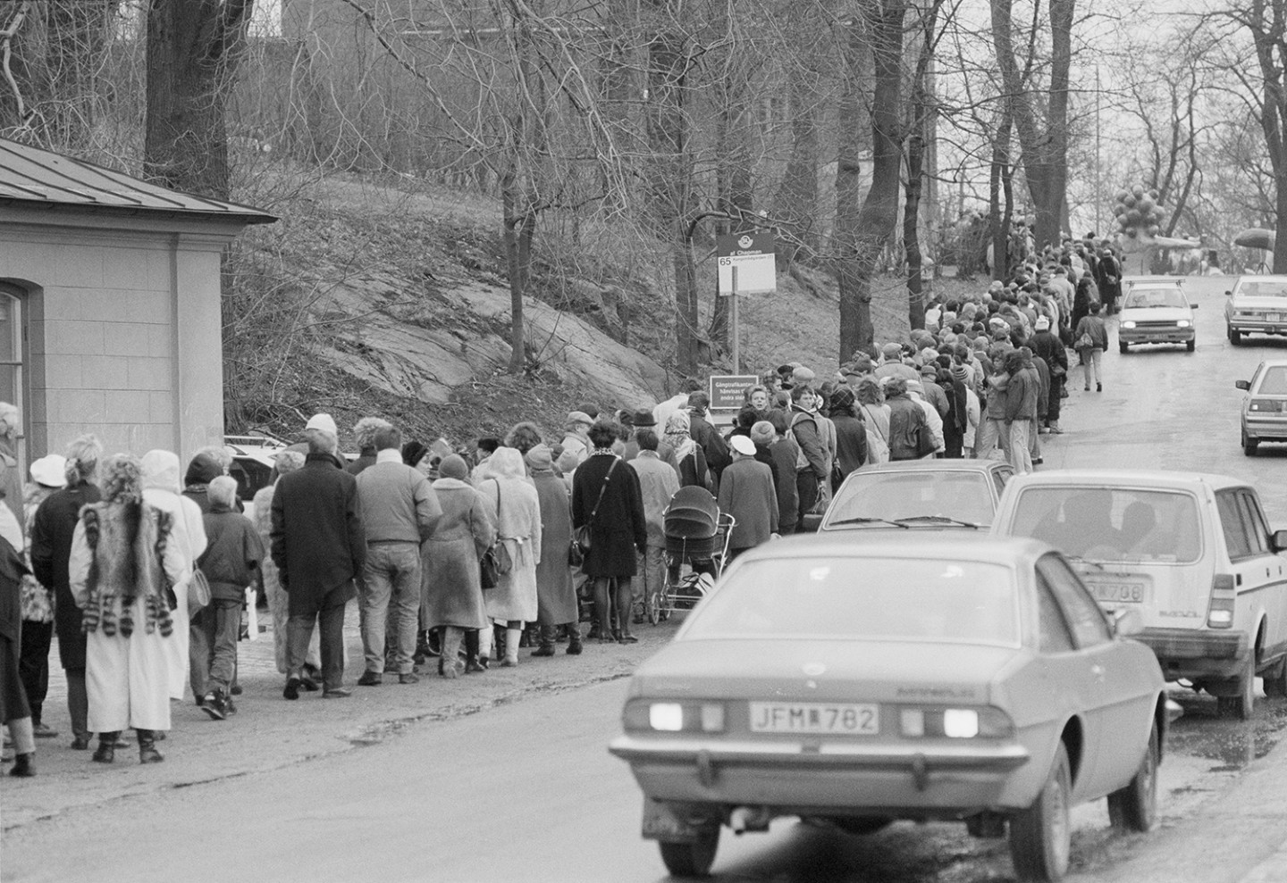 People and cars in line.