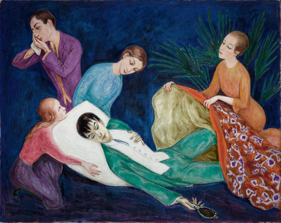 A man lies surrounded by mourning friends, with a look of suffering on his face