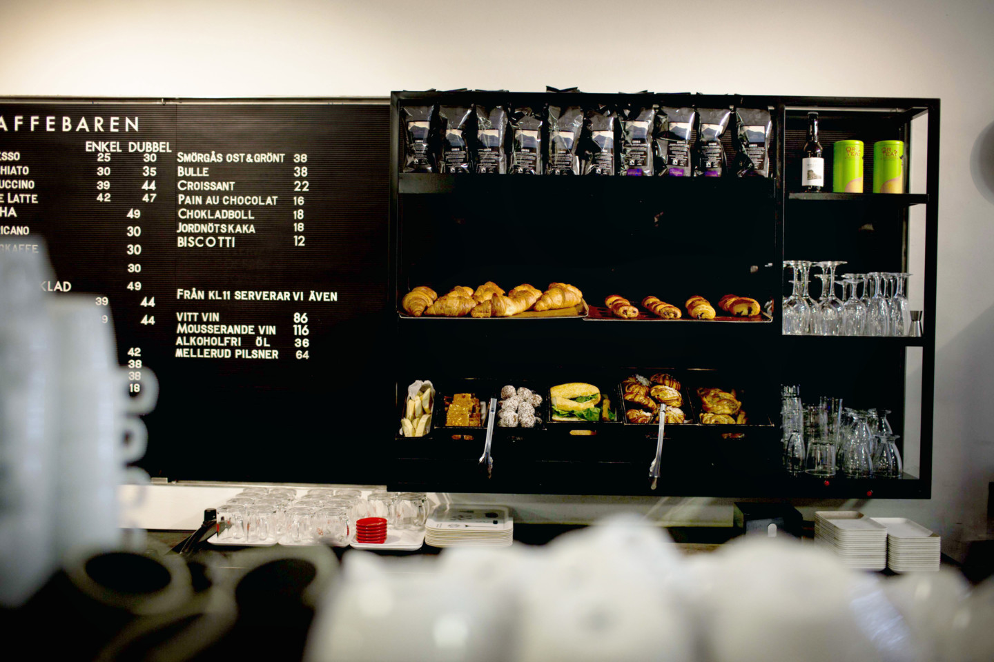 Interior from the Coffee Bar with shelves.