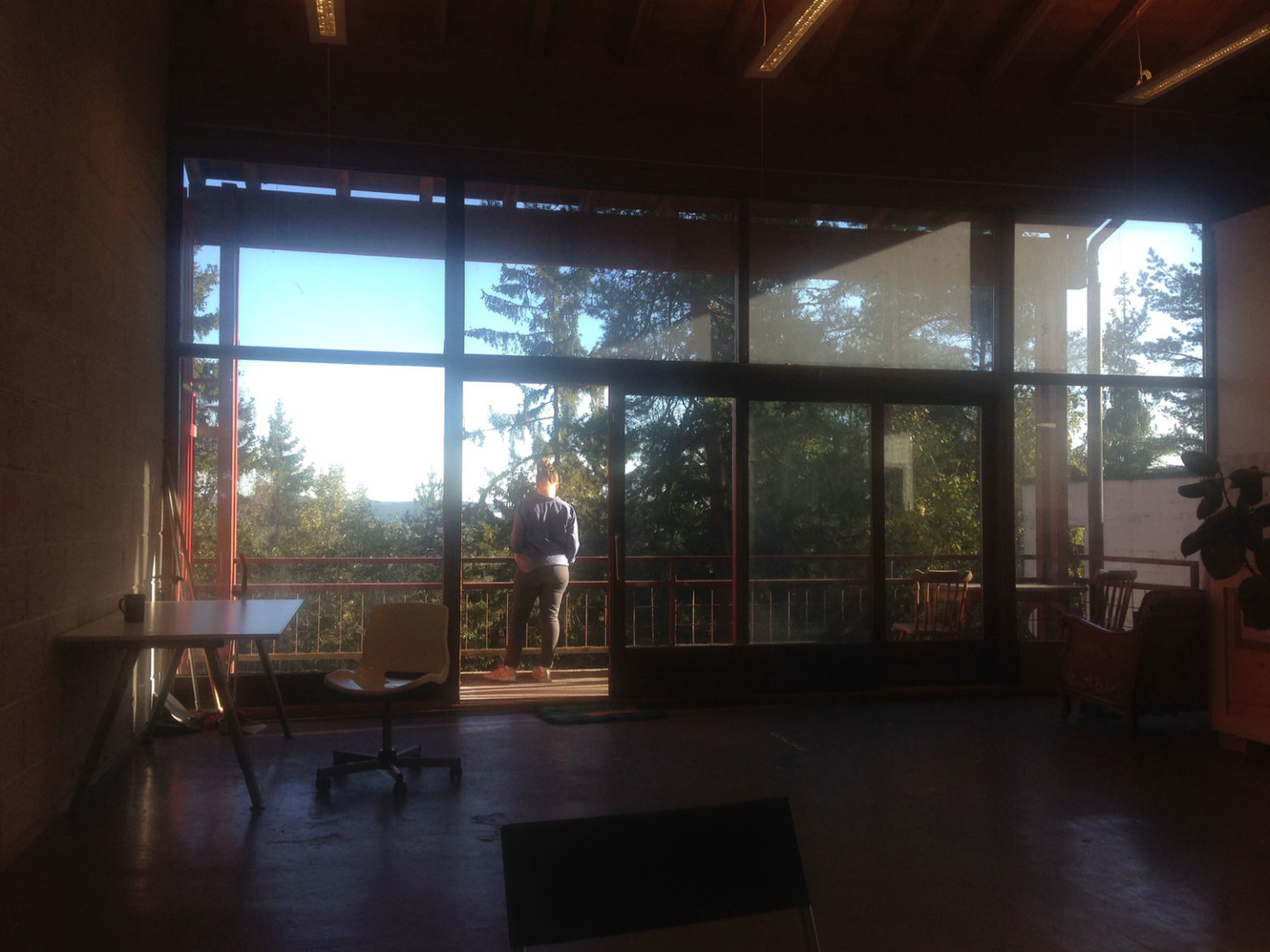 Rum med stora fönster mot en skog, person syns på balkong utanför.