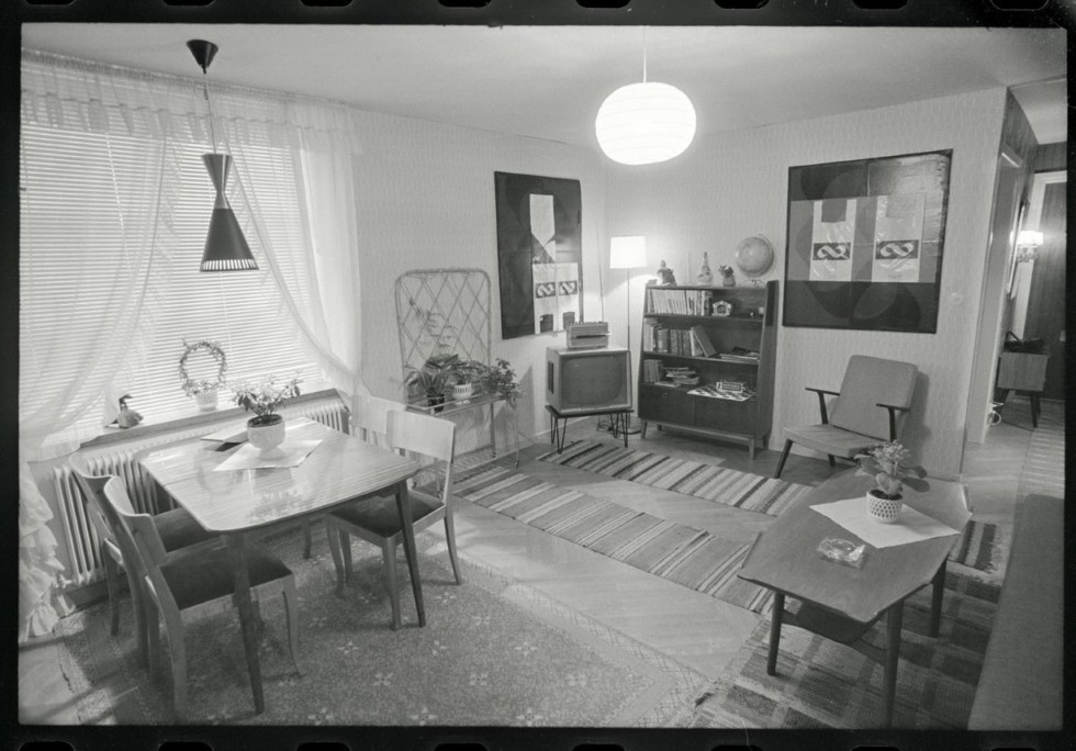 Black and white installation view from 1971