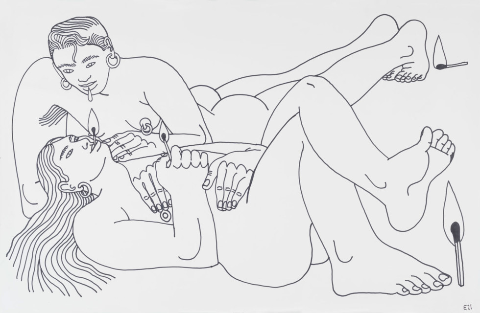 A drawing with two naked persons