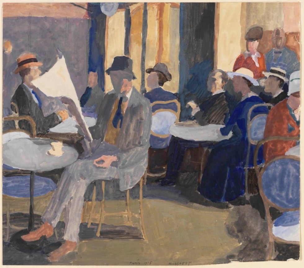 A painting by the artist Arvid Fougstedt depicting visitors at a café reading the newspaper