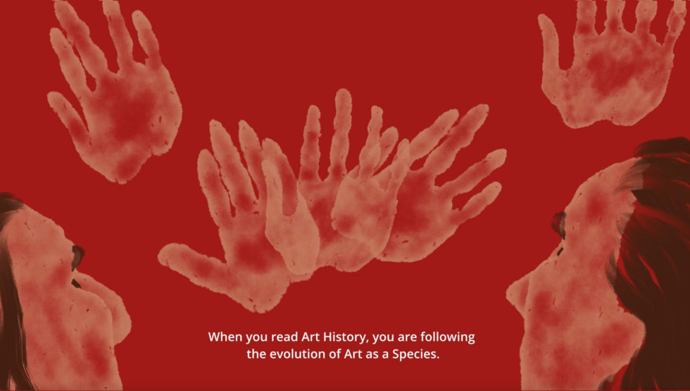 handavtryck mot en röd bakgrund och texten: When you read Art history, you are following the evolution of Art as a Species