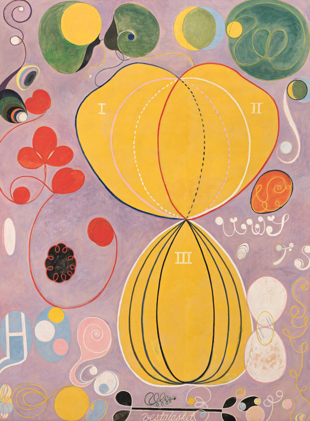 Shapes in yellow, green, red, orange and white against a purple background