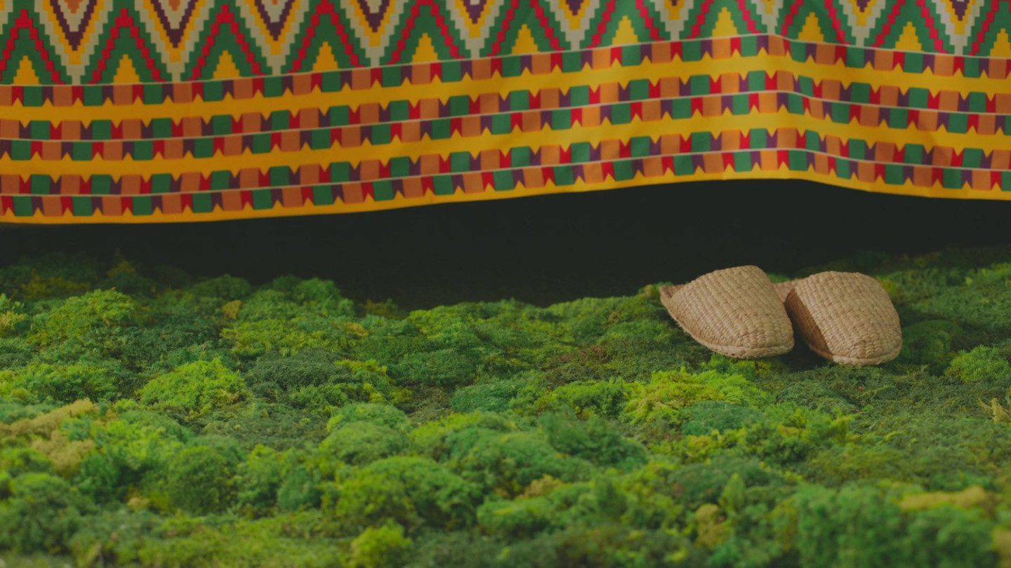  A pair of slippers on a green carpet