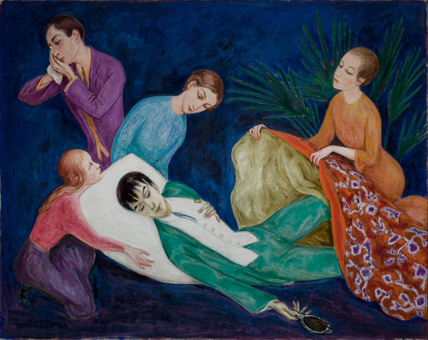 Målning, en man ligger omgiven av vänner med lidande uttryck på läpparna