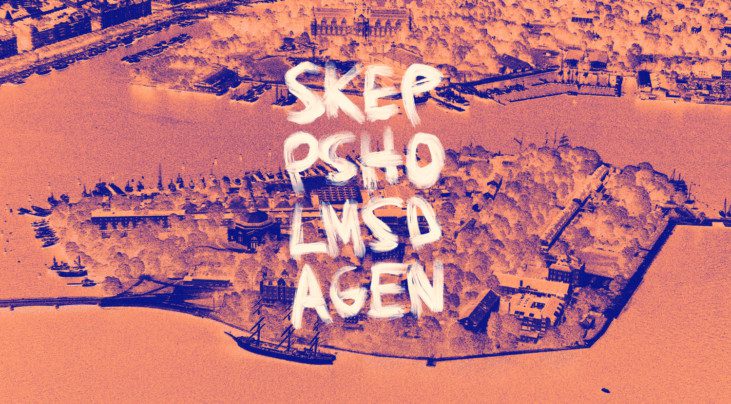 Flygbild över skeppsholmen med texten "Skeppsholmen"