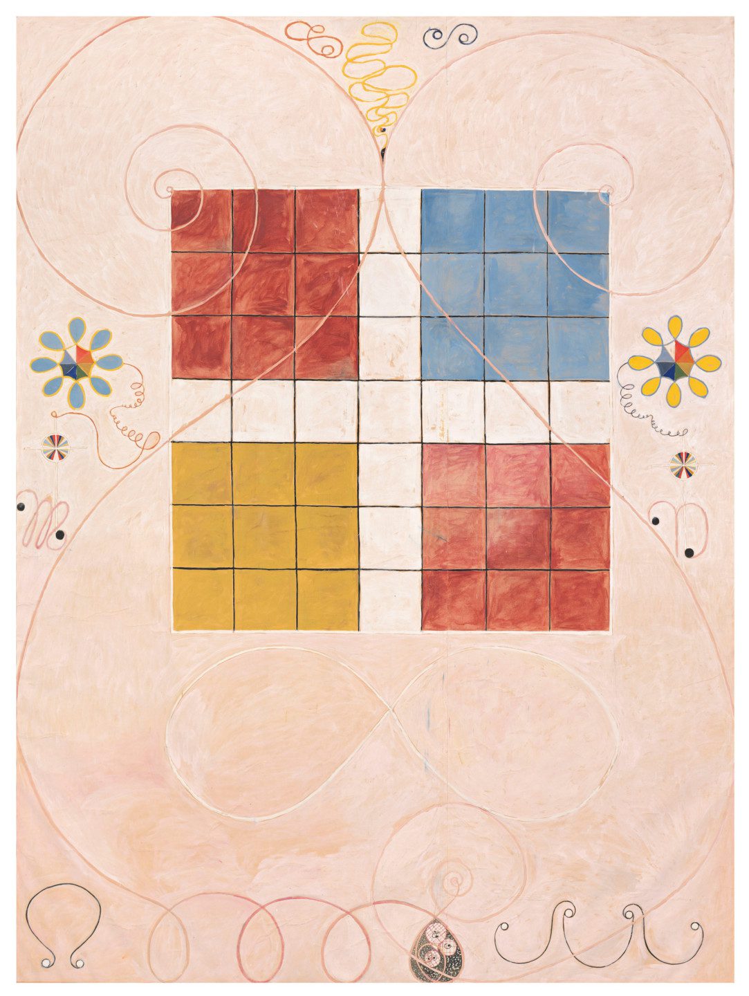  Squares in red, blue and yellow against a light pink background