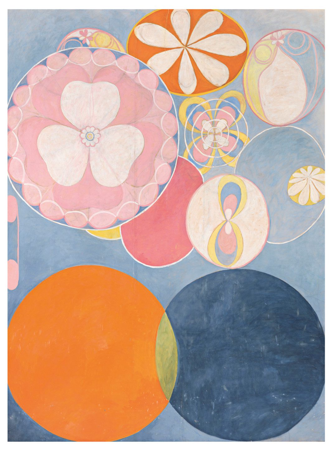 Circles in orange, blue, cerise against a blue background