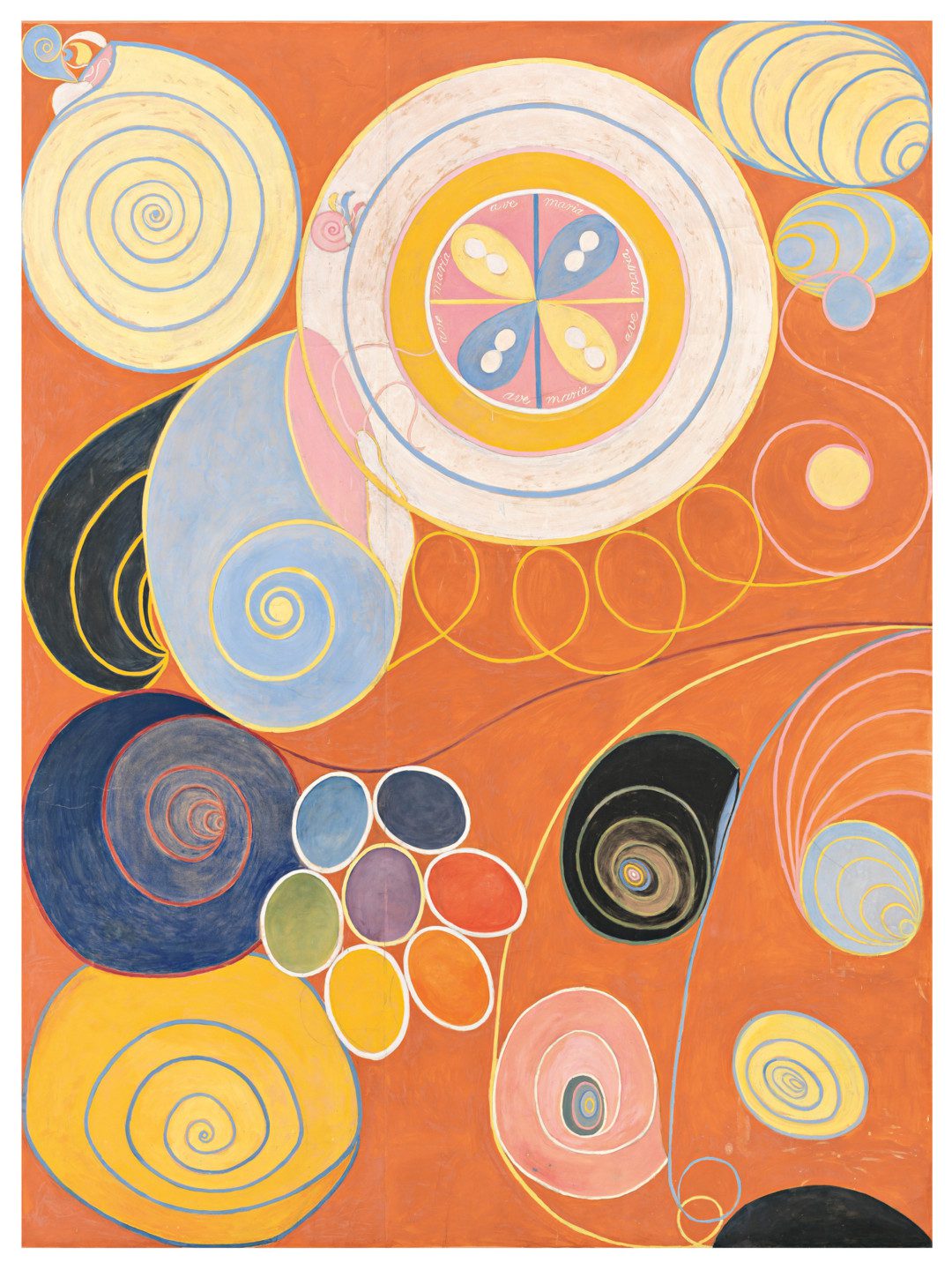 Circles and roundels in colors such as green, purple, blue red and yellow against an orange background