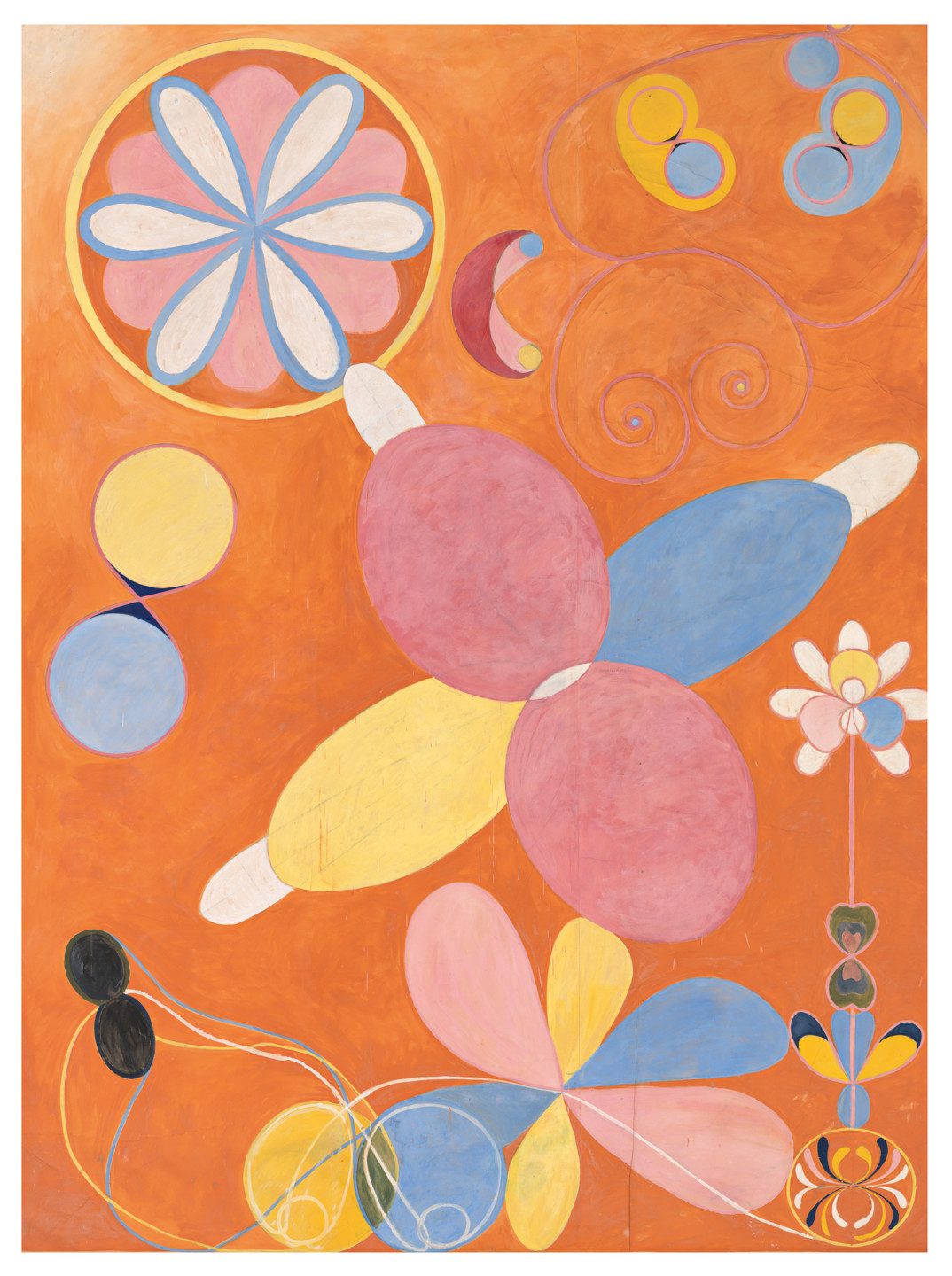 Patterns and shapes in colors like black, blue, orange and pink against an orange background
