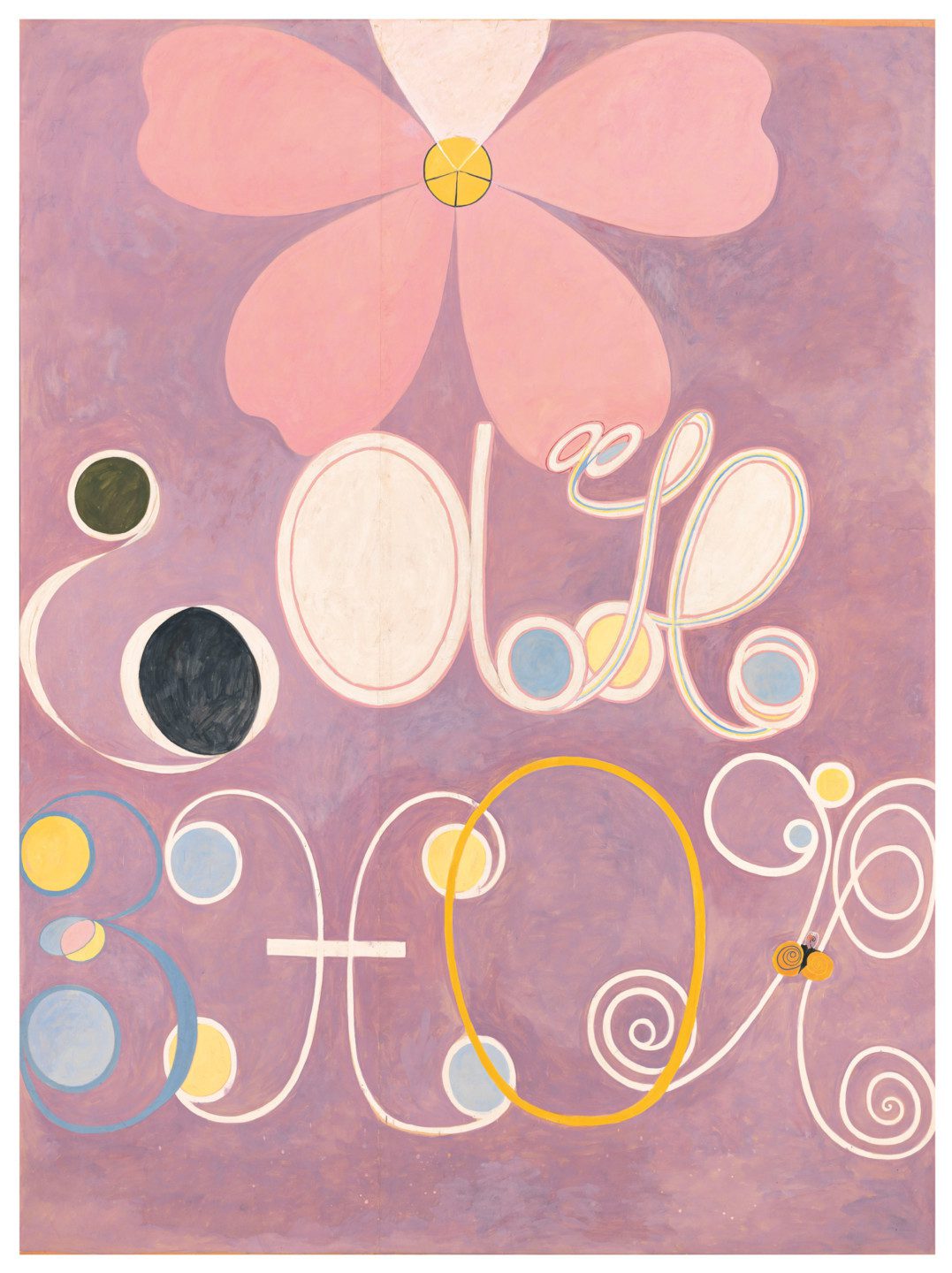 Mönster i vitt, blått, gult och rosa mot lila bakgrund
