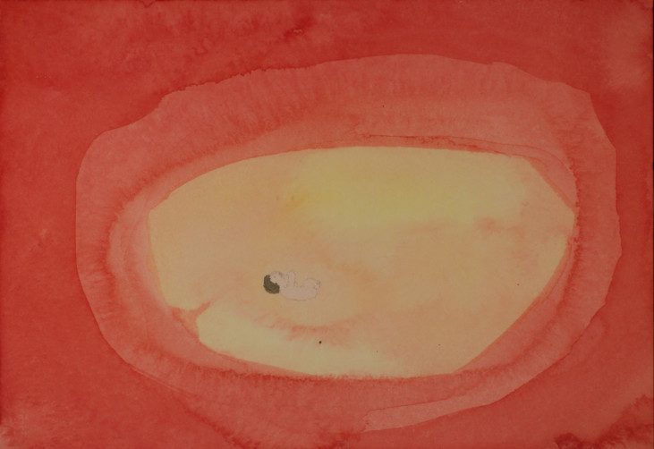 En målning i rött och gult med en liten barnliknande figur i mitten