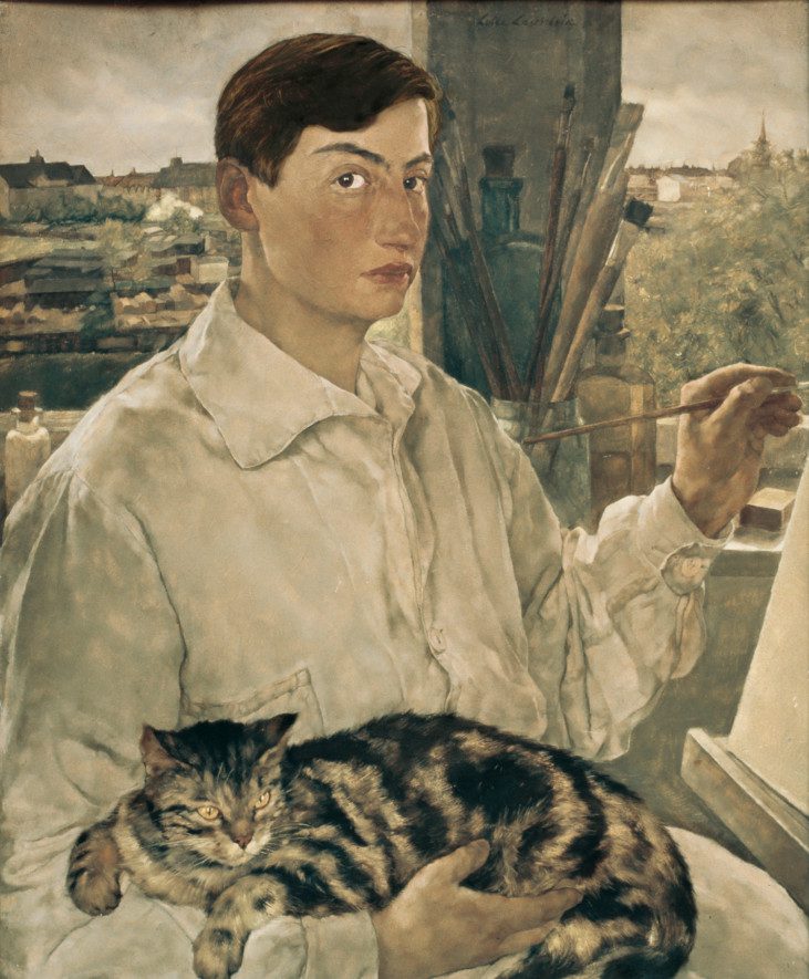 A self-portrait where the artist holds a cat while painting.