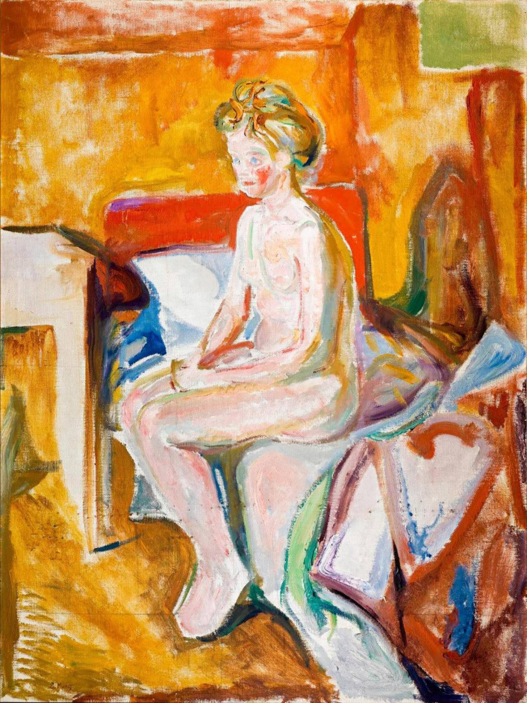 A painting of a woman sitting nsked on the side of her bed. The room is bright yellow. 