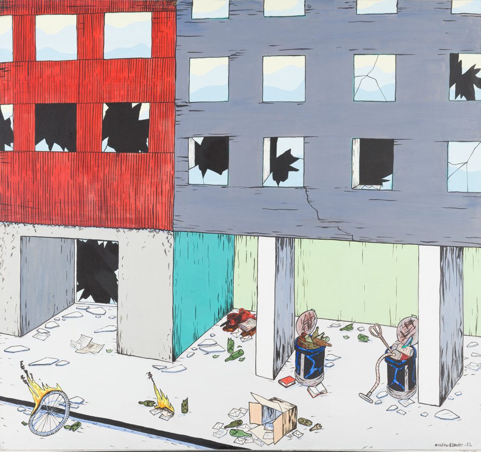 En målning av en bit av en gata där föremål ligger utspridda på marken. Ett brinnande hjul rullar förbi.