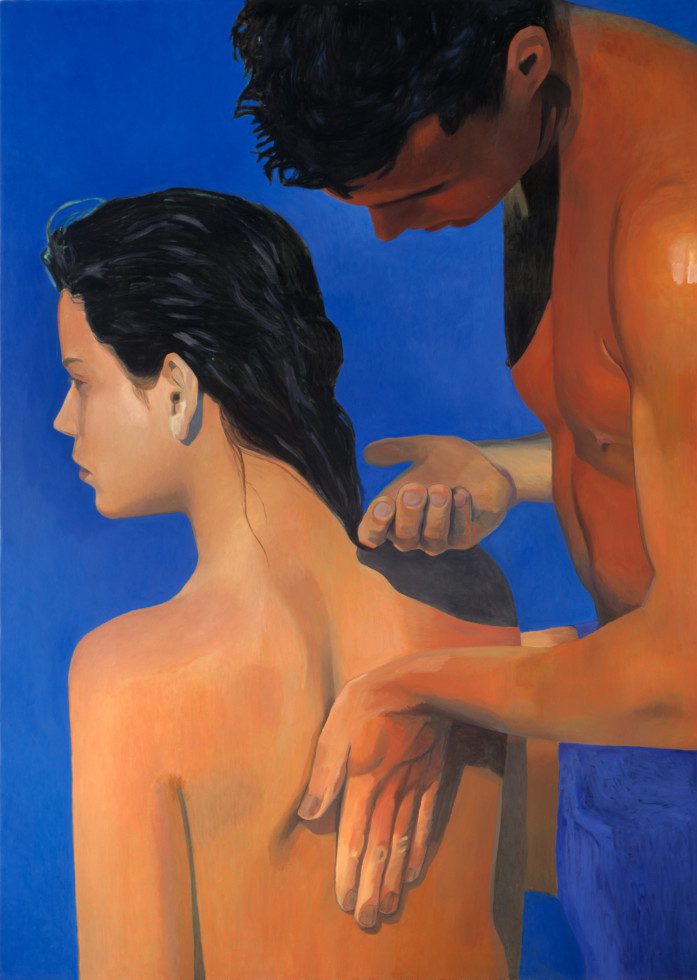 Målning. En man stryker en kvinna över ryggen. 