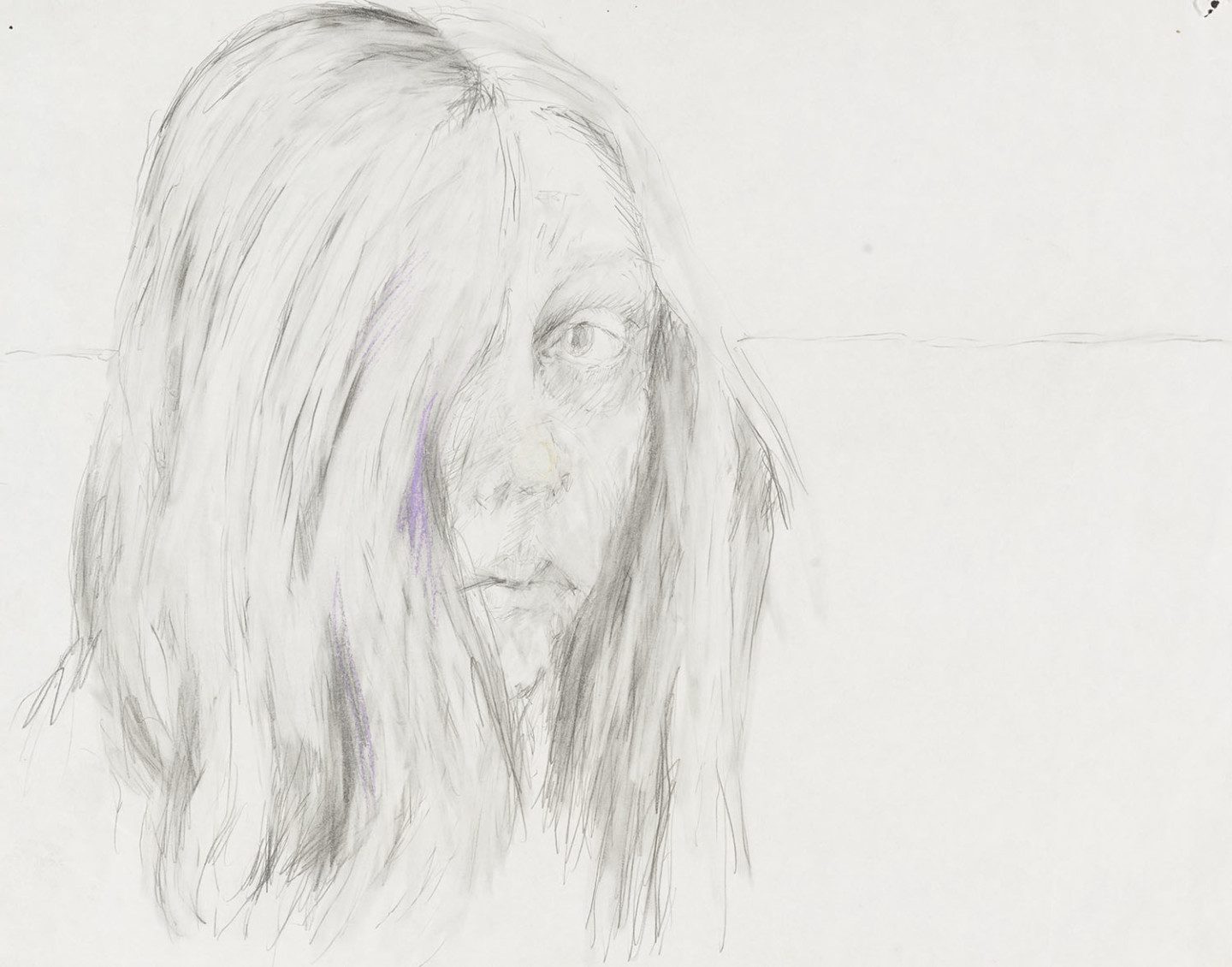 Skissat självporträtt av Stina Ekman, en kvinna vars hår täcker höger öga medan hon ser mot oss