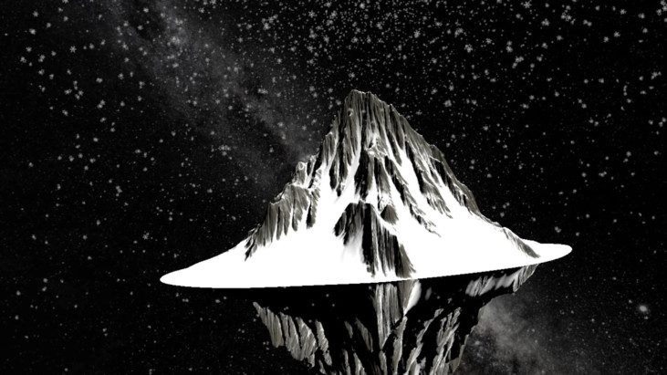 Black and white image depicting a lunar landscape