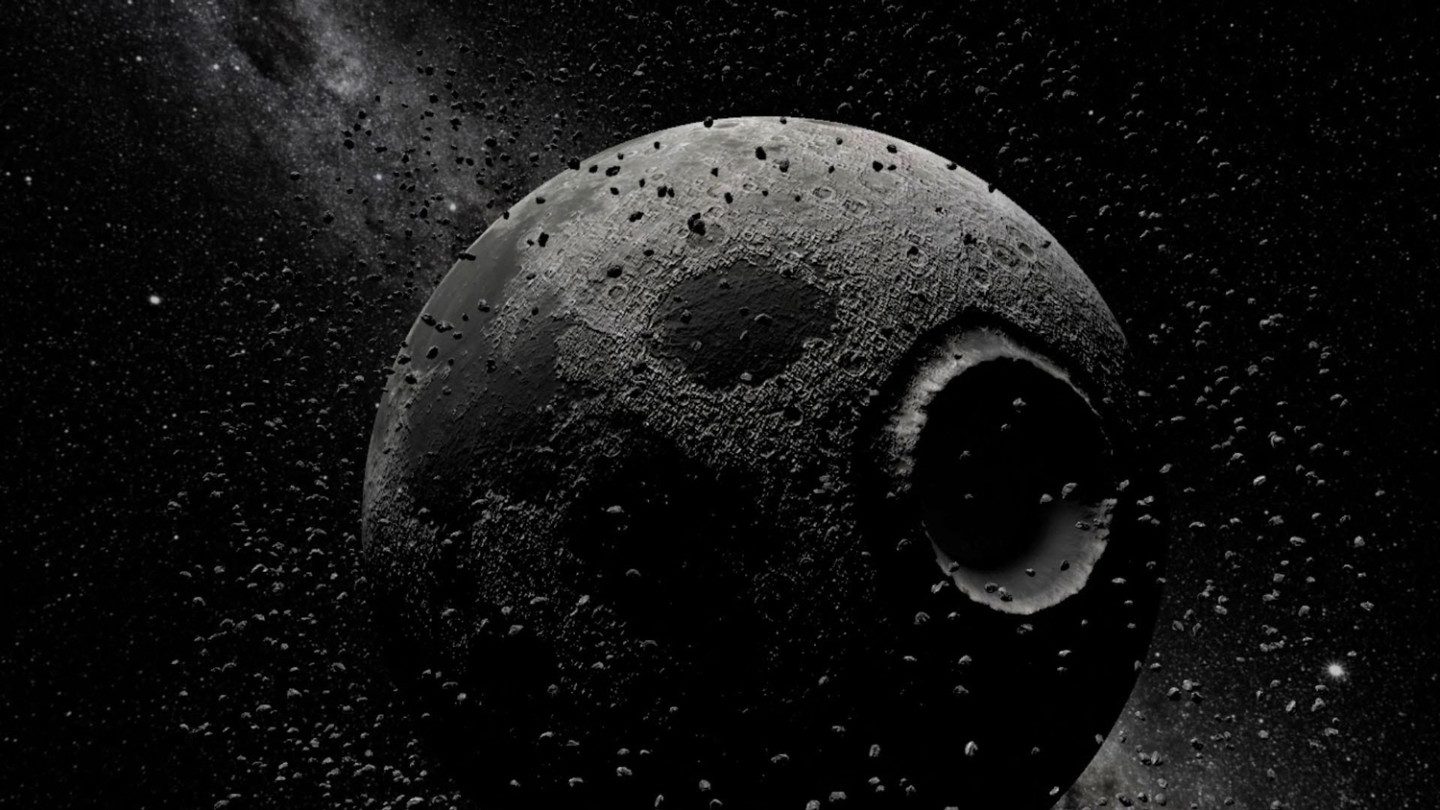 Black and white image depicting a lunar landscape