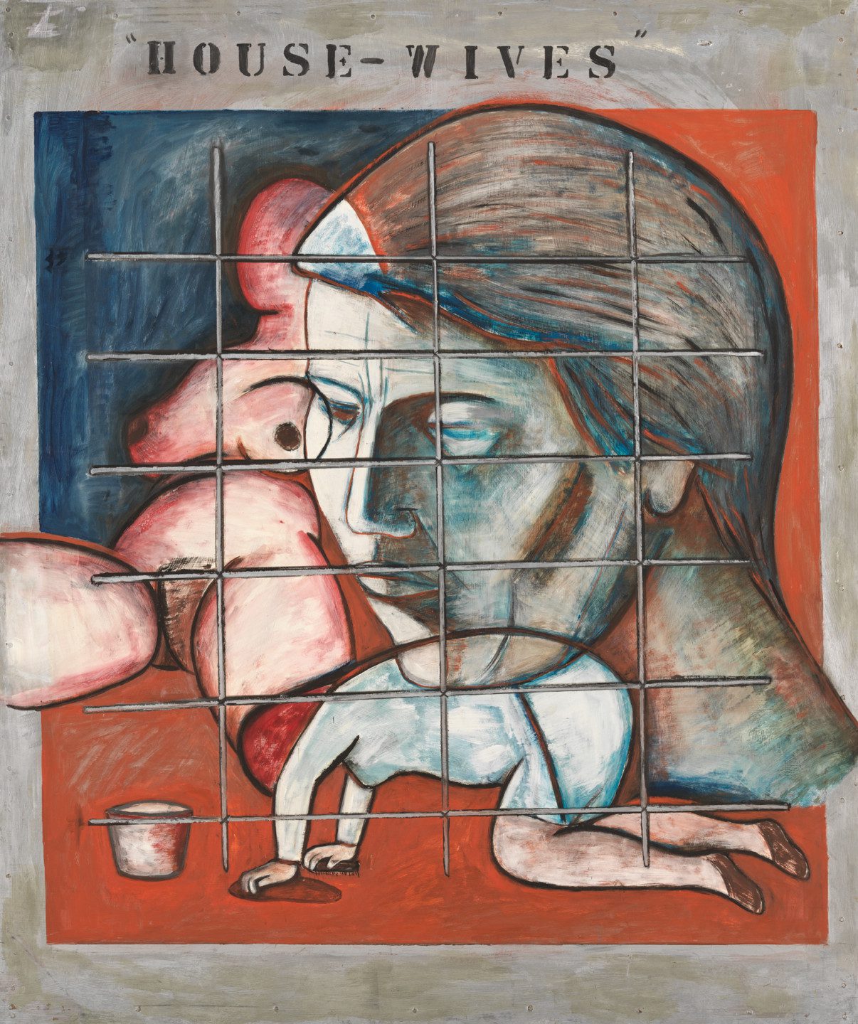 Painting. A figure is kneeling and scrubbing the floor behind a grate. Behind the grille is also a large female head and a reclining female figure.