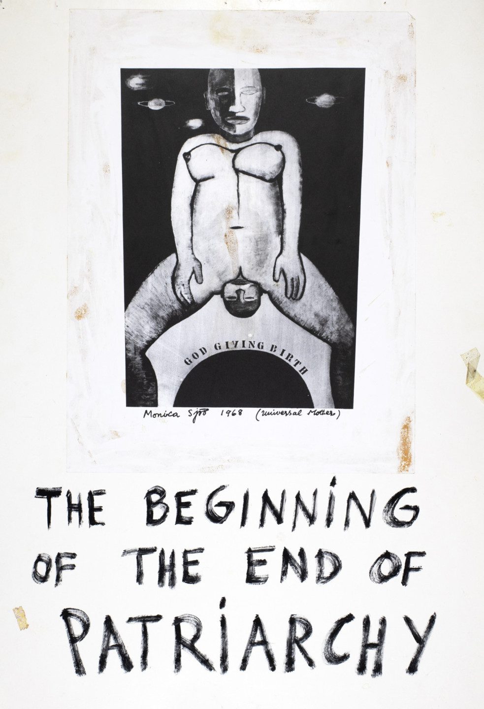Poster med "God giving birth"-motiv och texten: The Beginning of the End of Patriarchy