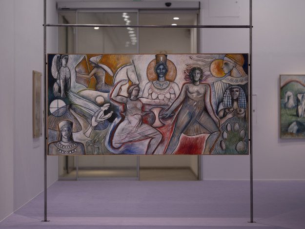 Photo of the painting "Amazon Warrior Women", being displayed in the exhibition.  The painting consists of different figures in movement, and a horse, painted in red, green, yellow, beige and blue.