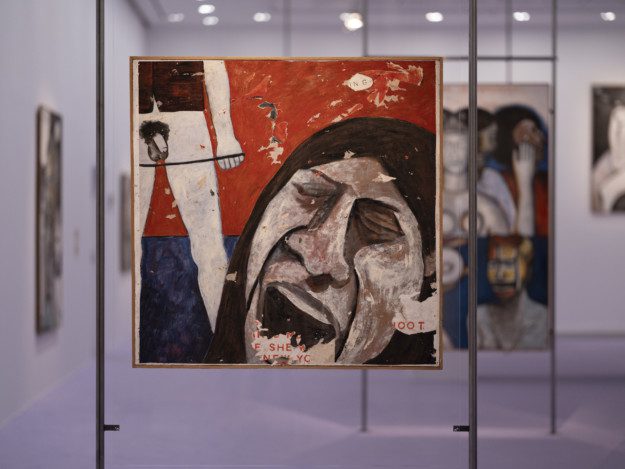 Photo of a painting displayed in the exhibition, the painting consists of colorblocks in red, dark blue and beige. To the right, there is a close-up of a person's screaming face. To the left, a male body from the waist down wearing a shirt and nothing more.
