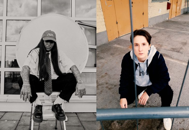 Images of the two rappers OG Bella and Dafne Andas, sitting in a squatted position, looking at the camera