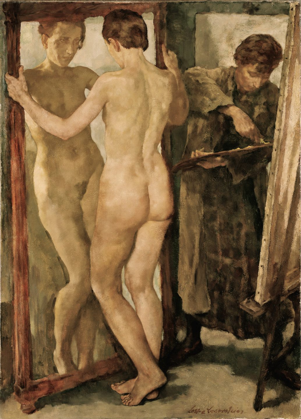 konstnär som målar med naken modell framför spegel