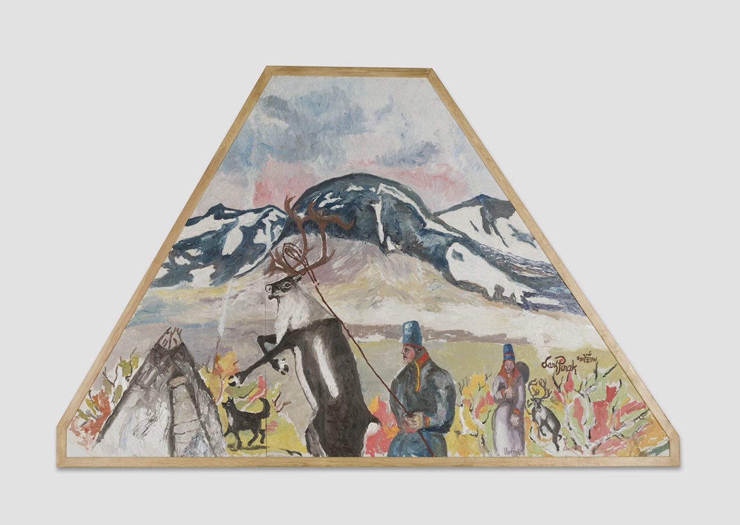 Painting of a northern landscape, reindeer and reindeer herders in the foreground and fire in the background