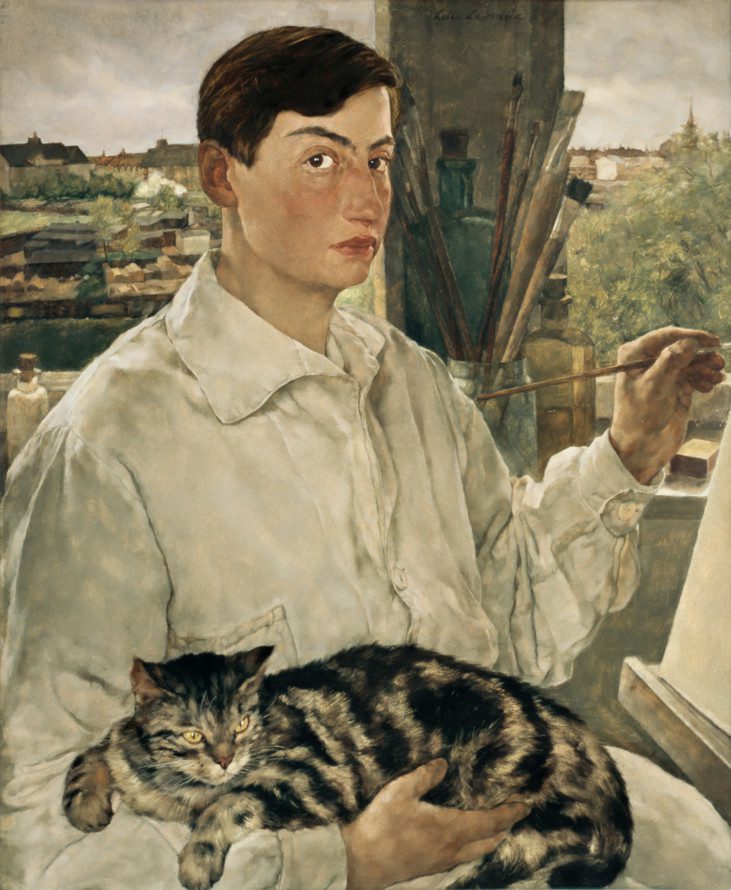 A self-portrait where the artist holds a cat while painting.