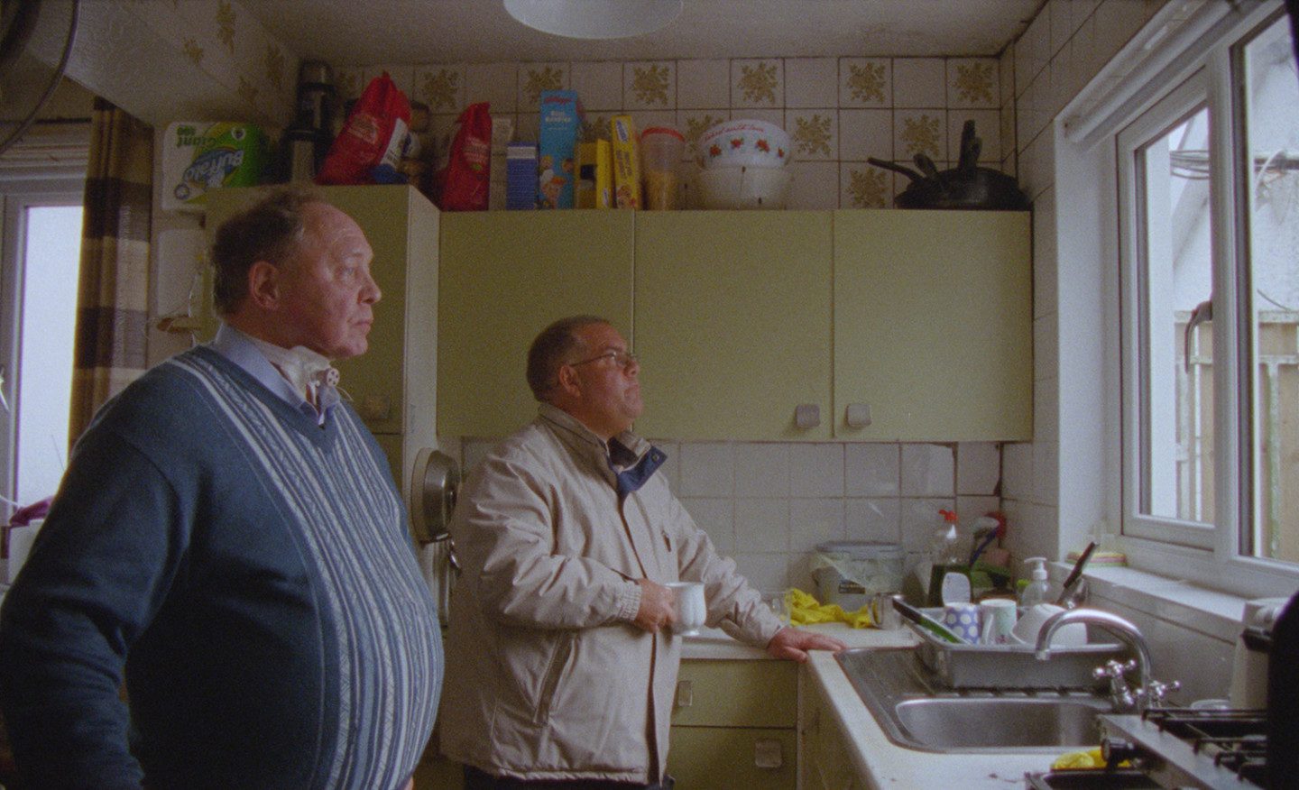 photo of two persons looking out of a kitchen window