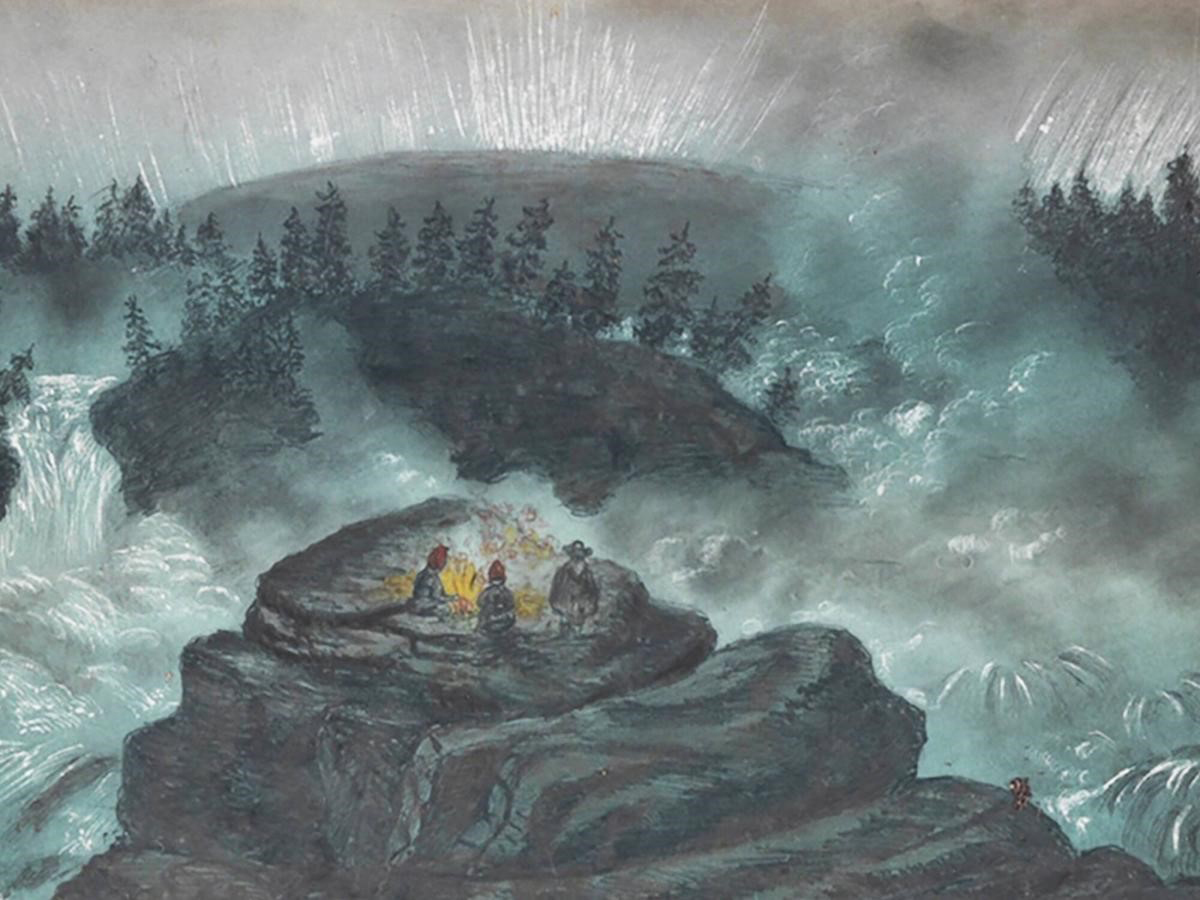 Painting of rocky/mountainous landscape, trees and a river. Three people sit around a fire by the river
