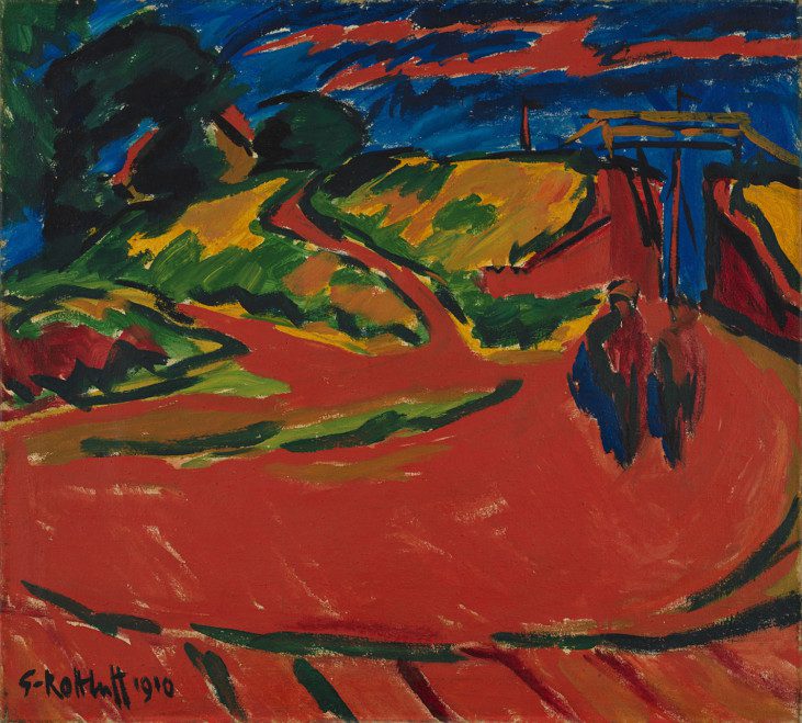 Målning med röda, gröna och blå färger, visar ett lantligt landskap