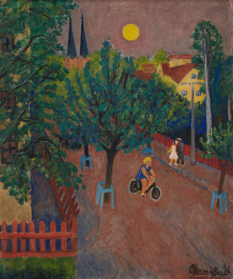 painting of a street in uppsala, a person is riding a bike and the moon is shining