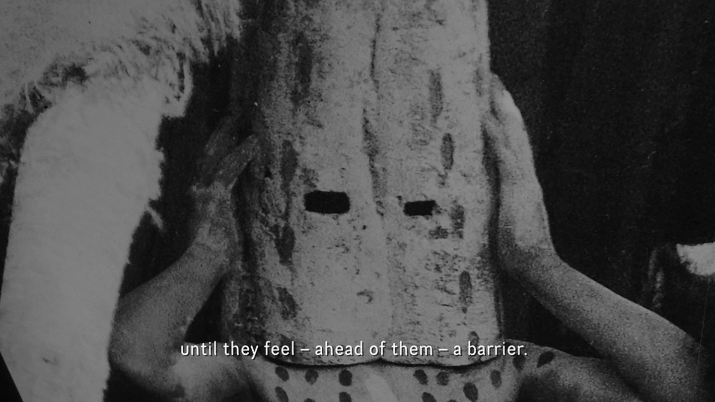 film still from "Silphium", the image reads "until they feel, ahead of them, a barrier"